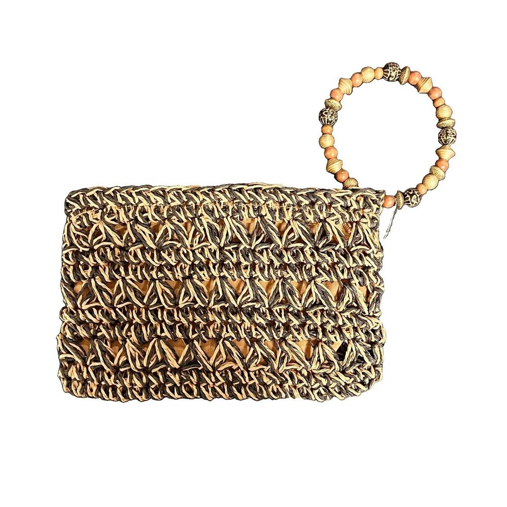 NWT Blue Miami Woven Straw Clutch With Beaded Wrist Strap Bracelet  Black Tan